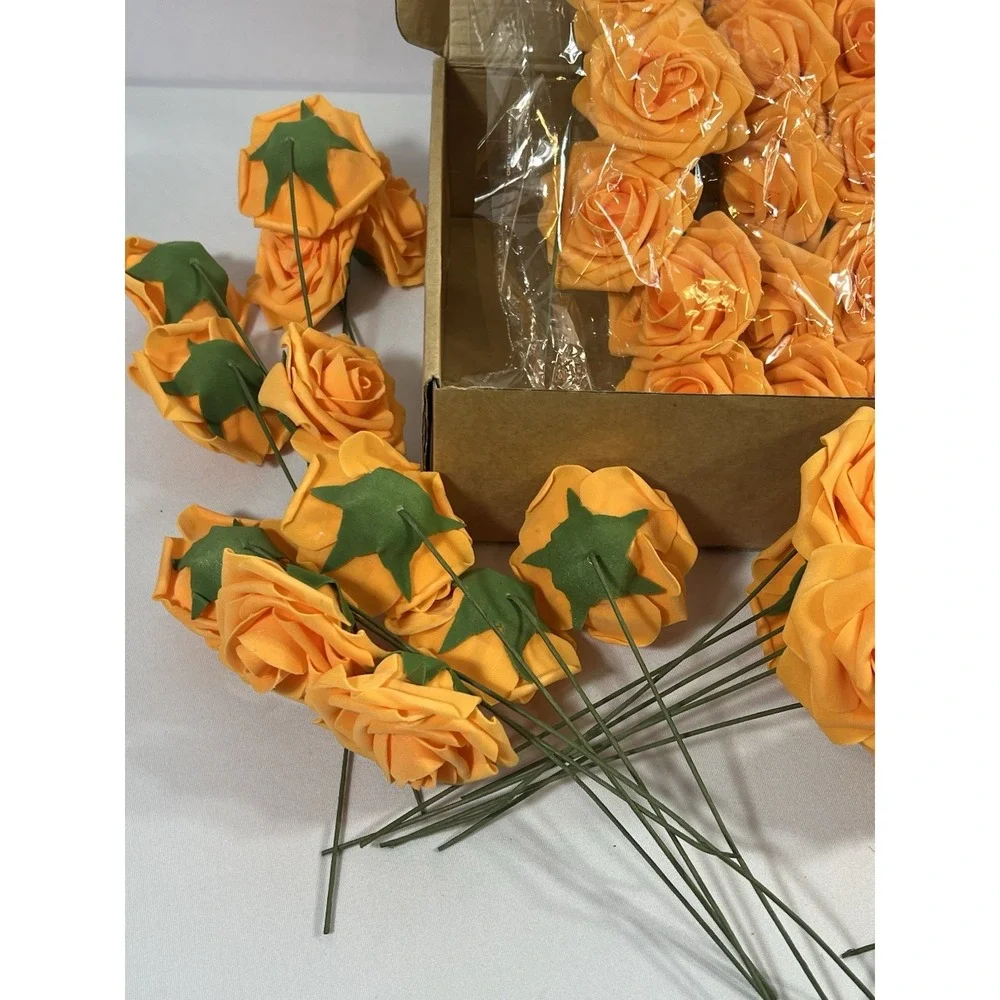 Artificial Rose Flowers 54 Pc Real Touch Fake Flowers with Stem Orange Faux Foam